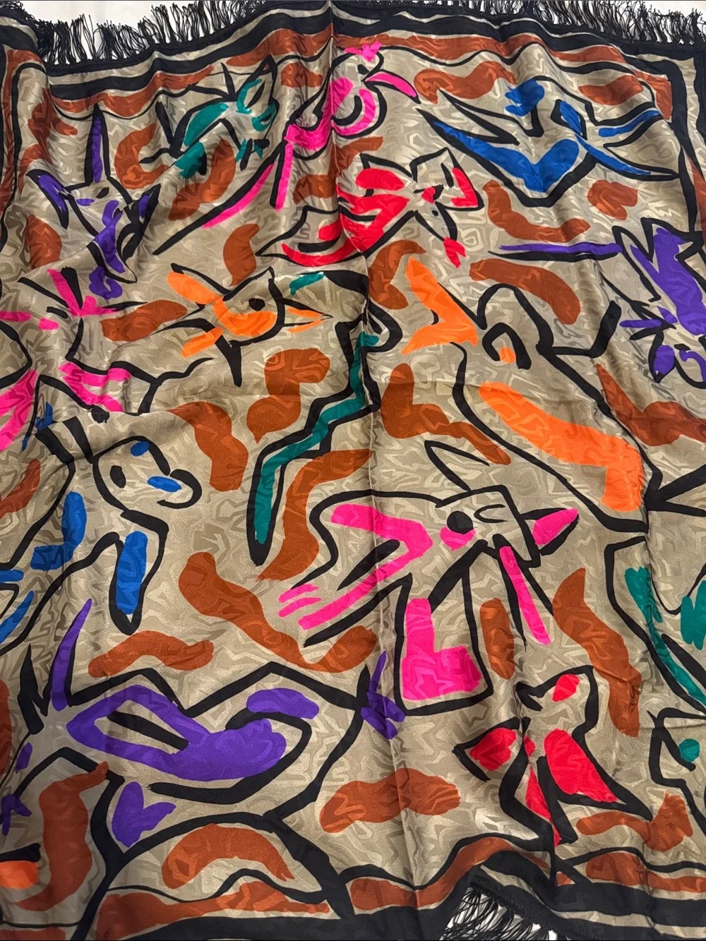 Flora Kung 100% silk Fringed Multicolor Abstract Scarf - new with tags (vintage)